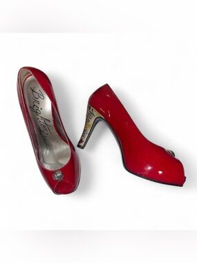 Brighton Wallis Red Patent Peep-Toe Pumps with Decorative Printed Heel